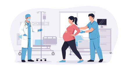 Fototapeta premium Hospital Scene Depicting Pregnant Woman and Medical Team Providing Support During Labor