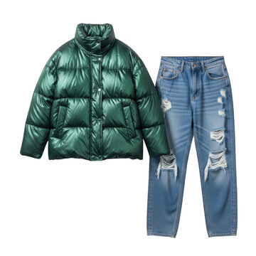 Green puffer jacket and ripped jeans set isolated on transparent background