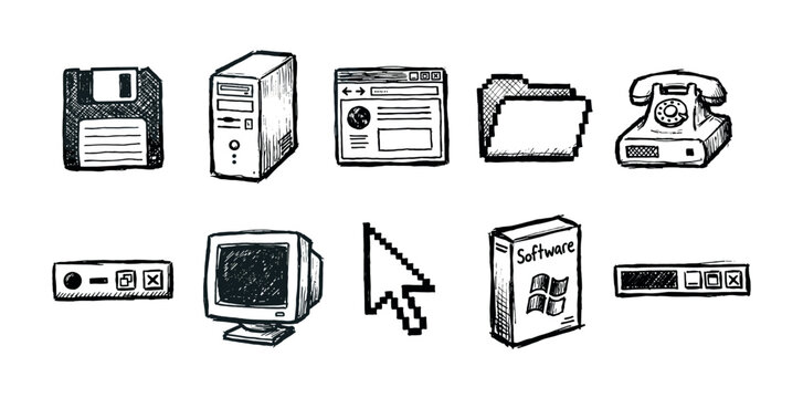 Collection of hand-drawn retro technology icons in a black and white sketch style, featuring a floppy disk, CRT monitor, old computer, rotary phone, and pixelated user interface elements