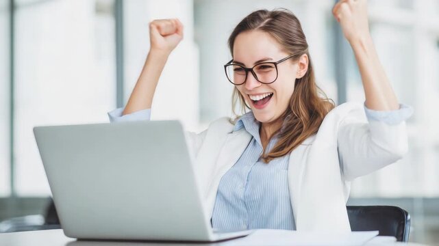 Woman celebrating a work achievement. She is wearing glasses and a white shirt over a collared shirt. Her joy is evident as she punches the air next to her laptop on a desk in an office setting.