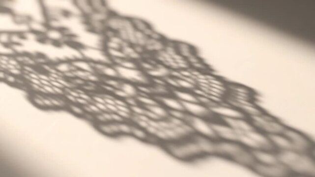 Soft natural light aesthetic background with intricate lace pattern shadow cast on a textured beige wall surface, perfect for minimalist cosmetic or product presentation backdrop.