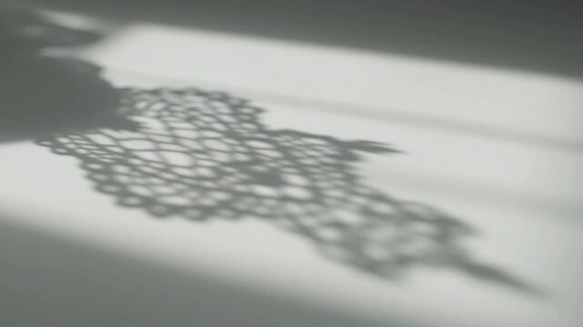 Aesthetic Close-up of Decorative Lace Pattern Shadow and Harsh Window Light Lines Projected on a Minimal White Wall Background Surface