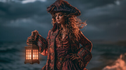 Fototapeta premium Europe medieval lifestyle. A dramatic portrayal of a woman dressed as a pirate, standing against a stormy sky. She holds a lantern in her right hand, casting a warm glow on the scene.