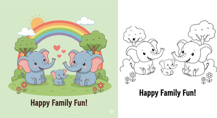 Adorable Cartoon Elephant Family Enjoying "Happy Family Fun!" Under a Rainbow, Sun, and Trees. © MstSangita