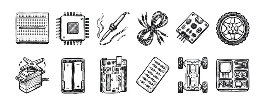 Hand-drawn set of electronic components for robotics and DIY projects, including a microcontroller, breadboard, servo motor, and soldering iron in a black and white sketch style