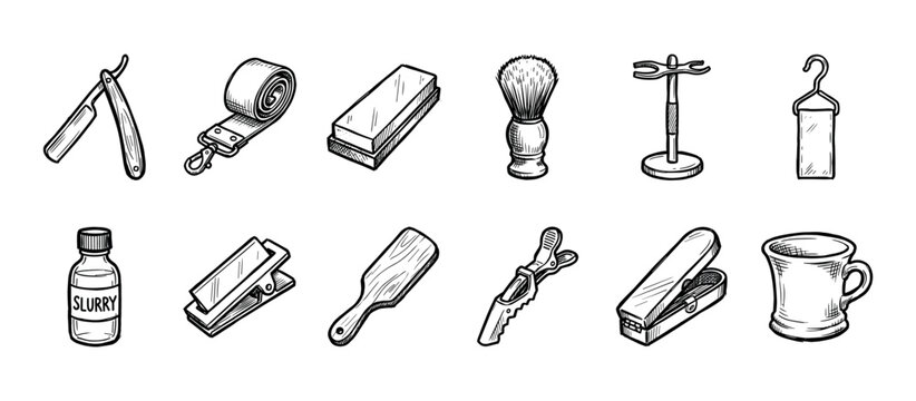 Collection of hand-drawn vintage barbershop tools including a straight razor, strop, brush, and mug in a classic black and white sketch illustration style for men's grooming