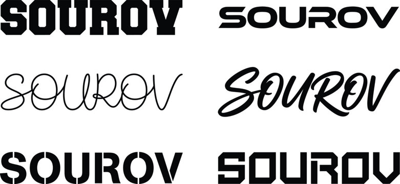 SOUROV typography silhouette design, custom name lettering vector set, minimalist text logo for Sourov, modern bold font typography, masculine name monogram symbols isolated