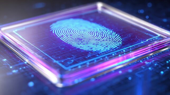Digital Fingerprint Identity: A close-up, futuristic digital rendering of a fingerprint embedded within a glowing, square technological interface, symbolizing digital identity and biometric security.