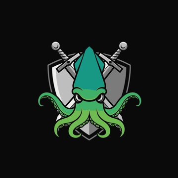 Green squid mascot logo with crossed swords and shield.