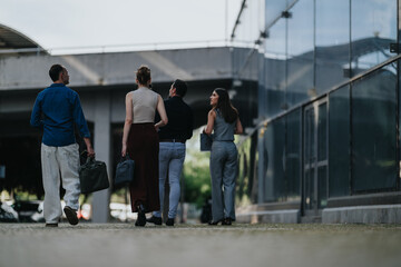 Fototapeta premium Four professionals walk together along an urban office exterior, carrying briefcases and bags. The group strolls past reflective glass as they move toward a corporate workplace setting.