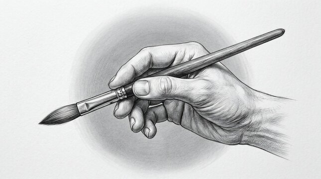 Hand holding a paintbrush pencil drawing