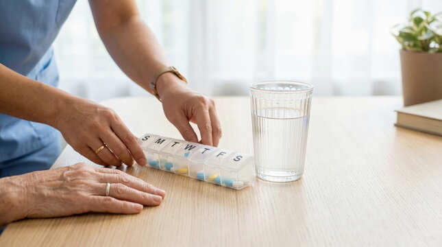 Pill organizer prepared by caregiver hands for senior patient on wooden table next to glass of water, geriatric healthcare and daily medication management concept