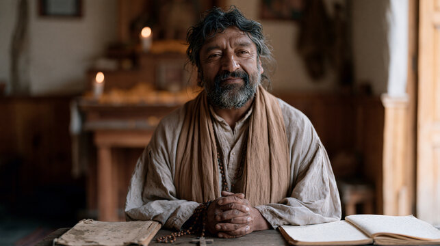 Colombian man in his forties kneels inside modest rural chapel, rosary wrapped around calloused hands, worn journal open beside him documenting his conversion journey from
