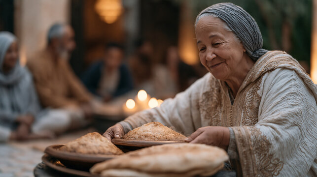 Moroccan grandmother in embroidered kaftan arranges steaming tagines and flatbread on a low table as extended family gathers for Ramadan iftar, candlelight warming modest tiled