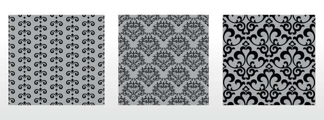 Naklejka premium Geometric floral set of seamless patterns. Gray and black vector backgrounds. Damask graphic ornaments