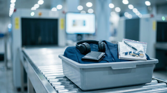 Security check tray holding essential travel items on airport conveyor belt, for efficient passenger screening.