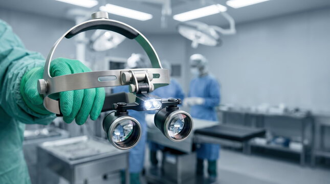 Surgical loupes held by gloved hand with headlamp, in blurred operating room, representing medical precision and surgical technology.