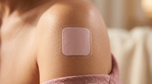 Contraceptive Patch On Skin square transdermal sticker applied to a female shoulder for healthcare blogs reproductive wellness campaigns and medical clinics