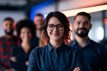 Obraz premium Confident young woman with eyeglasses standing in front of diverse team indoors