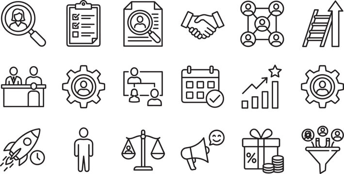 Human resources and recruitment outline icon set with handshake cv resume interview candidate ladder career growth and team vectors