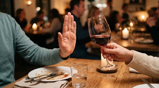 Hands Refusing Alcohol Gesture to a glass of red wine at a restaurant table for addiction recovery websites medical brochures psychology magazines