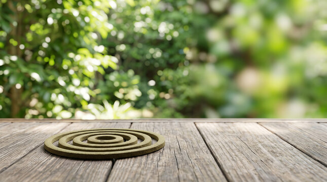 Traditional Japanese katorisenko mosquito coil burning with gentle smoke on veranda engawa during summer afternoon