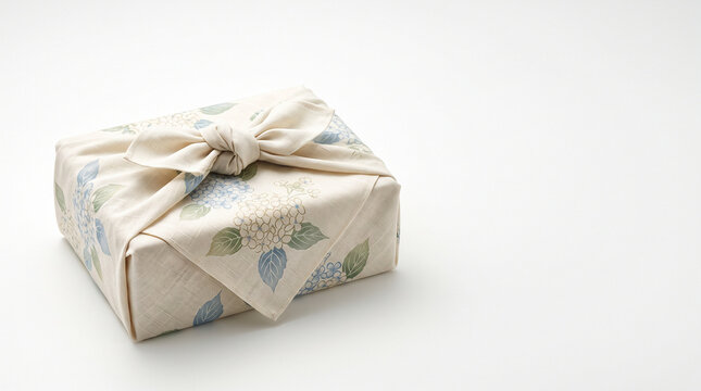 Traditional Japanese gift box wrapped in eco-friendly furoshiki cloth with morning glory pattern on white background