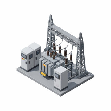 Industrial electrical substation with transformers and power lines.