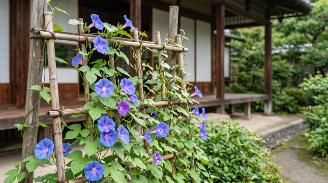 Vibrant blue and purple morning glory flowers blooming on a bamboo trellis in a bright Japanese garden morning