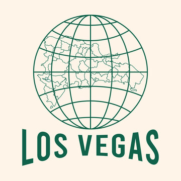 Minimalist vector graphic featuring a globe grid with a map silhouette of Hispaniola above the stylized green text "Los Vegas" on a cream background.