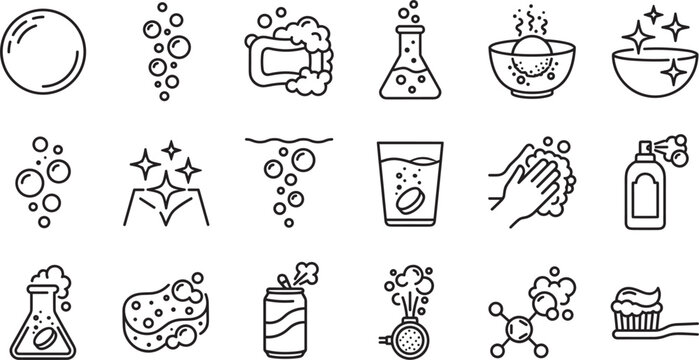 Cleaning and effervescent outline icon set with soap bubble sponge flask soda can wash hand and sparkle vectors