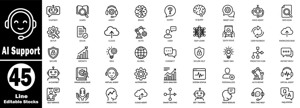 Ai support thin line vector icons set. Technology symbols for an artificial intelligence software development task. Vector Illustration.