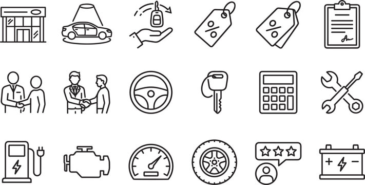 Car dealership and auto sales outline icon set with showroom key discount tag calculator steering wheel and maintenance vectors