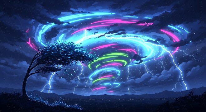Surreal neon tornado storm with glowing colorful light vortex and lightning in a dark night sky.