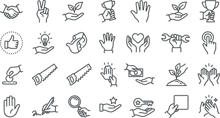 Fototapeta premium Hand Gesture and Human Interaction Line Icon Collection Vector Set Featuring Handshake, Victory Sign, Helping Hands, Gardening, Repair, Payment and Outline Symbols