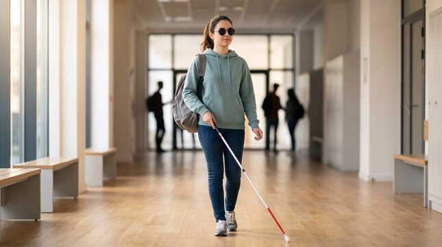 Blind Student With Cane young woman with a backpack walking down a bright university hallway for educational inclusion posters academic accessibility websites