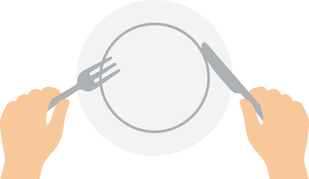 Hands Holding Fork and Knife with Empty Plate Vector Illustration Featuring Dining Place Setting, Mealtime, Table Etiquette and Restaurant Concept