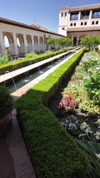 Panoramic vertical view of the Generalife Gardens in the Alhambra complex in Granada, Andalusia, Spain.
