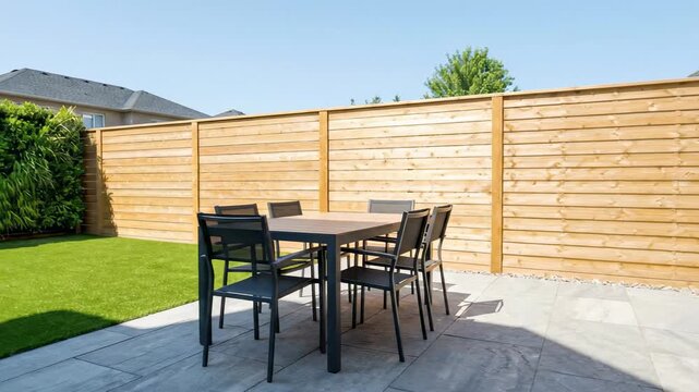 Bright residential backyard patio with dark metal dining table, six mesh chairs, wooden privacy fence, vertical green wall, light stone paving, trimmed lawn edge, and clean contemporary outdoor style
