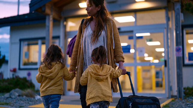 Social worker escorting a woman and her two young children through a secured entrance of a domestic violence shelter at twilight, rolling suitcase in hand, fluorescent lobby visible through glass do