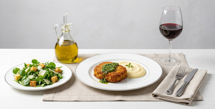 Breaded filet mignon medallion with mashed potatoes, pesto sauce, fresh salad, and a glass of red wine