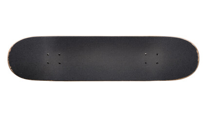 Isolated new wooden skateboard deck with dark black griptape and mounting hardware holes © Aoife