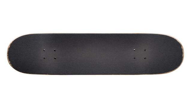 Isolated new wooden skateboard deck with dark black griptape and mounting hardware holes