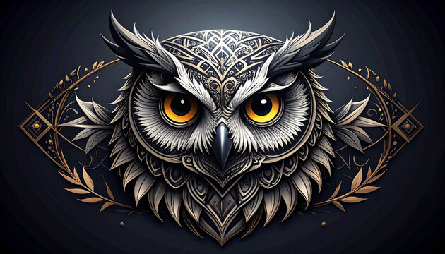 Intricate owl illustration with detailed feather design and golden accents