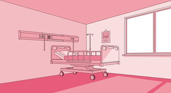 Hospital Room Visualization: Pink Tones with Detailed Medical Bed and Patient Care Facilities