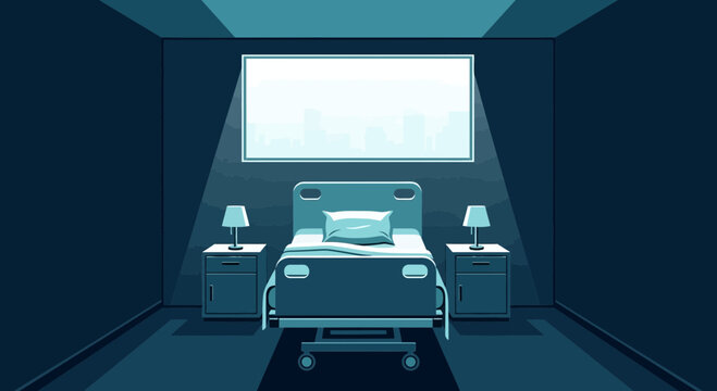 Hospital Room With A Bed And Lights, Illustrated In A Modern And Minimalist Style