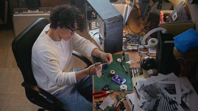 Young adult Asian man soldering computer circuit board at messy workshop desk. Clip is ideal for promoting electronics repair services, engineering courses, or DIY hardware upgrades, high angle