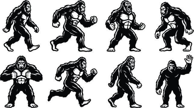 Set of eight bigfoot or sasquatch character poses in black and white style