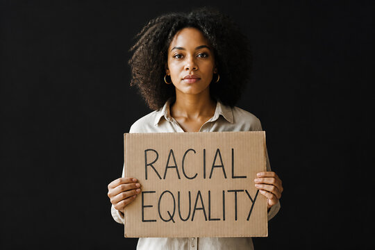 A young Black woman with curly hair holds a cardboard sign that reads RACIAL EQUALITY against a dark background.