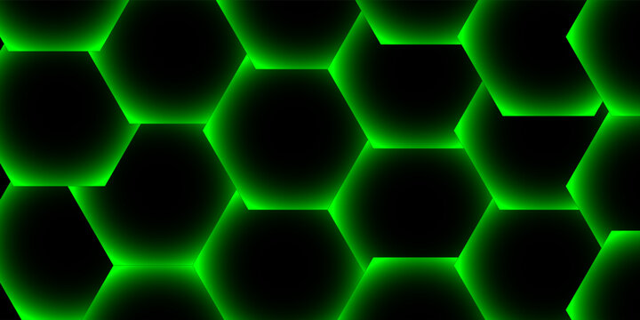 Abstract black background with glowing neon green gradient honeycomb hexagon shapes geometric pattern vector illustration.
